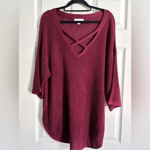 Westport Metallic Ribbed V-Neck Sweater Spring Top - Wine